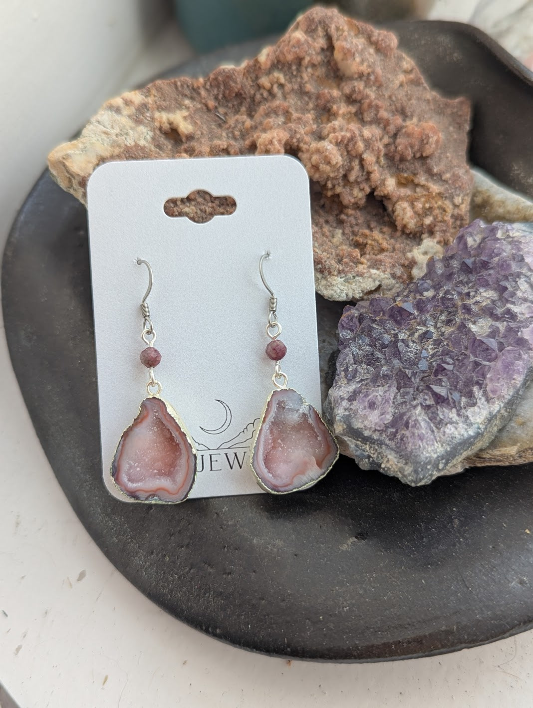 Pink Agate Slice Silver Earrings