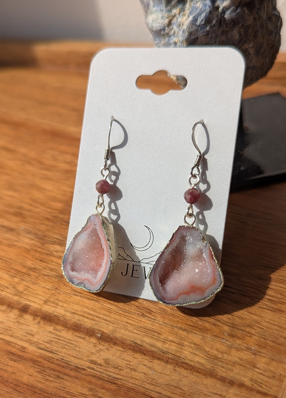 Pink Agate Slice Silver Earrings