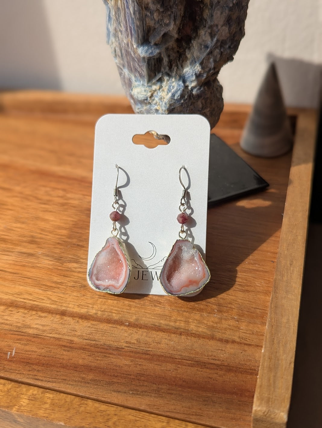 Pink Agate Slice Silver Earrings