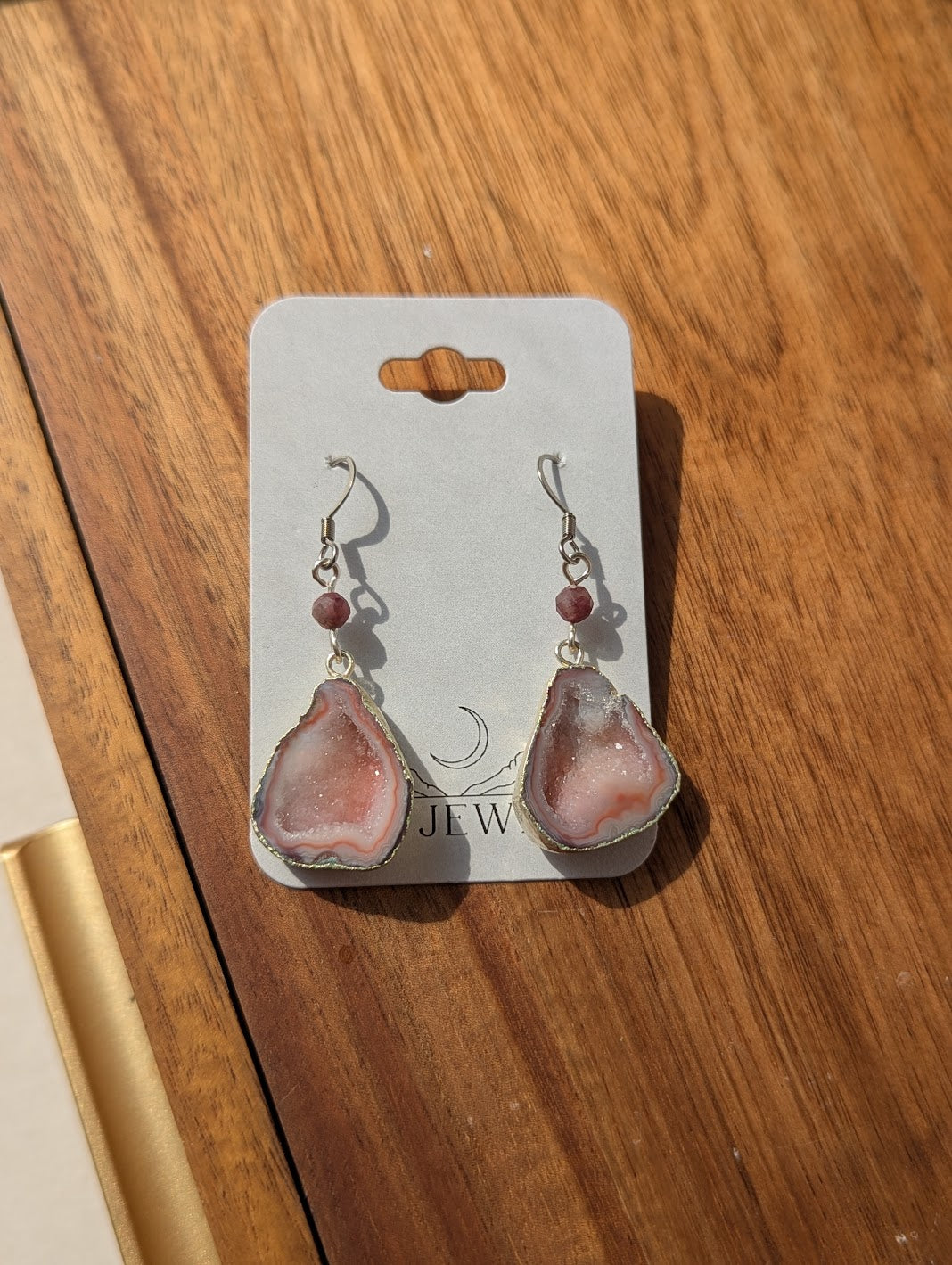 Pink Agate Slice Silver Earrings