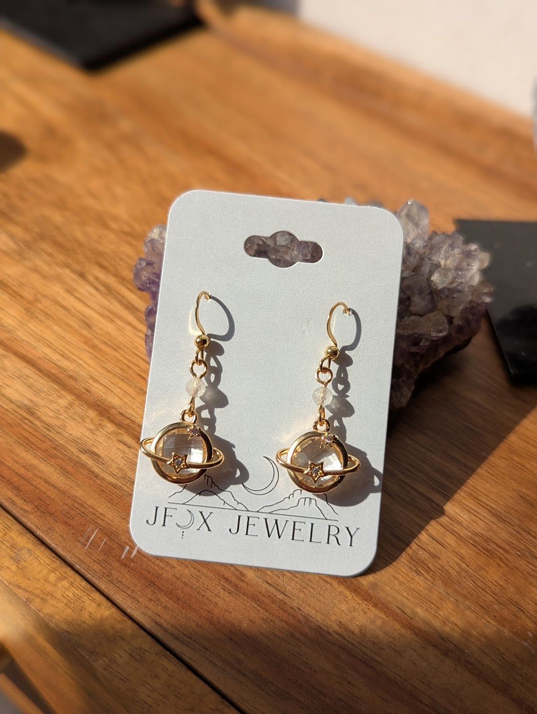 Celestial Crystal Planet Gold Earrings