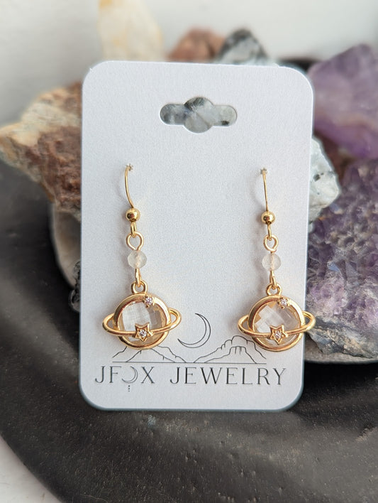 Celestial Crystal Planet Gold Earrings