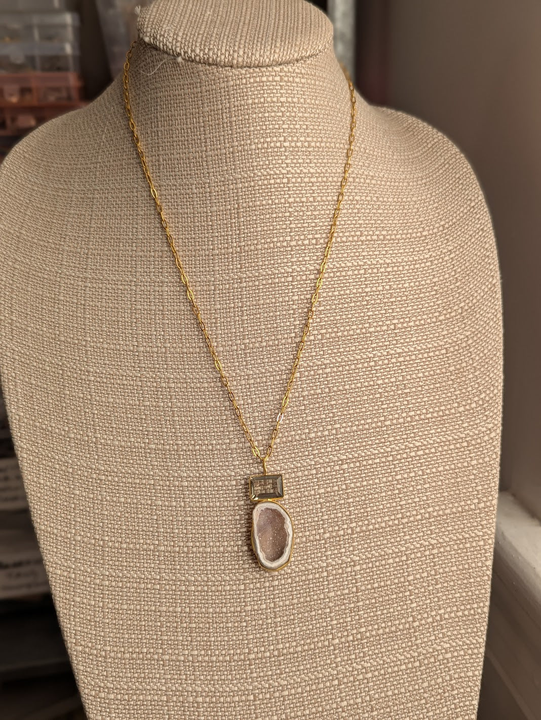Smoky Quartz and White Druzy Duo Gold Necklace