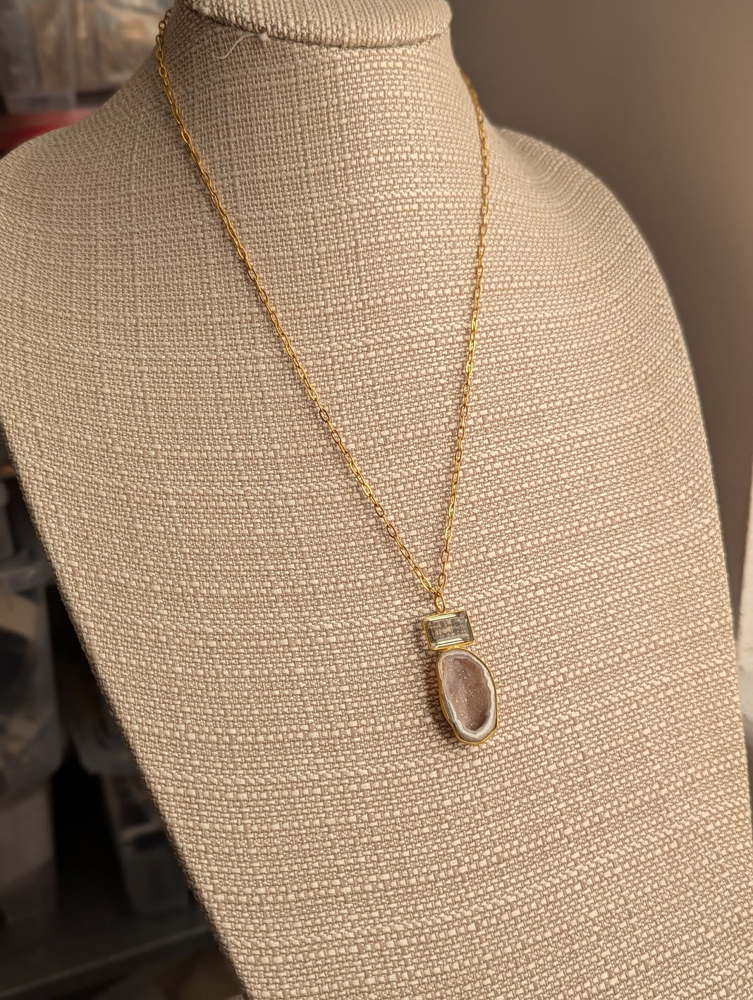 Smoky Quartz and White Druzy Duo Gold Necklace