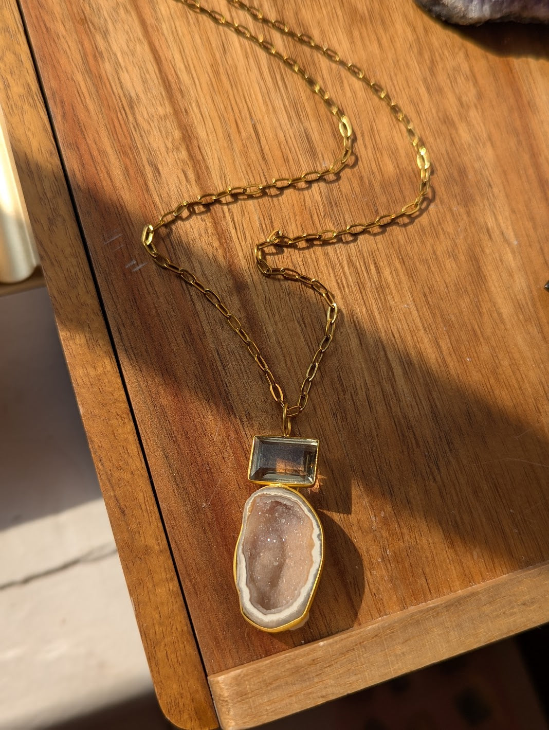 Smoky Quartz and White Druzy Duo Gold Necklace