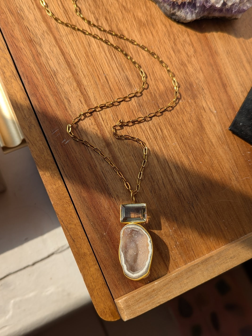 Smoky Quartz and White Druzy Duo Gold Necklace