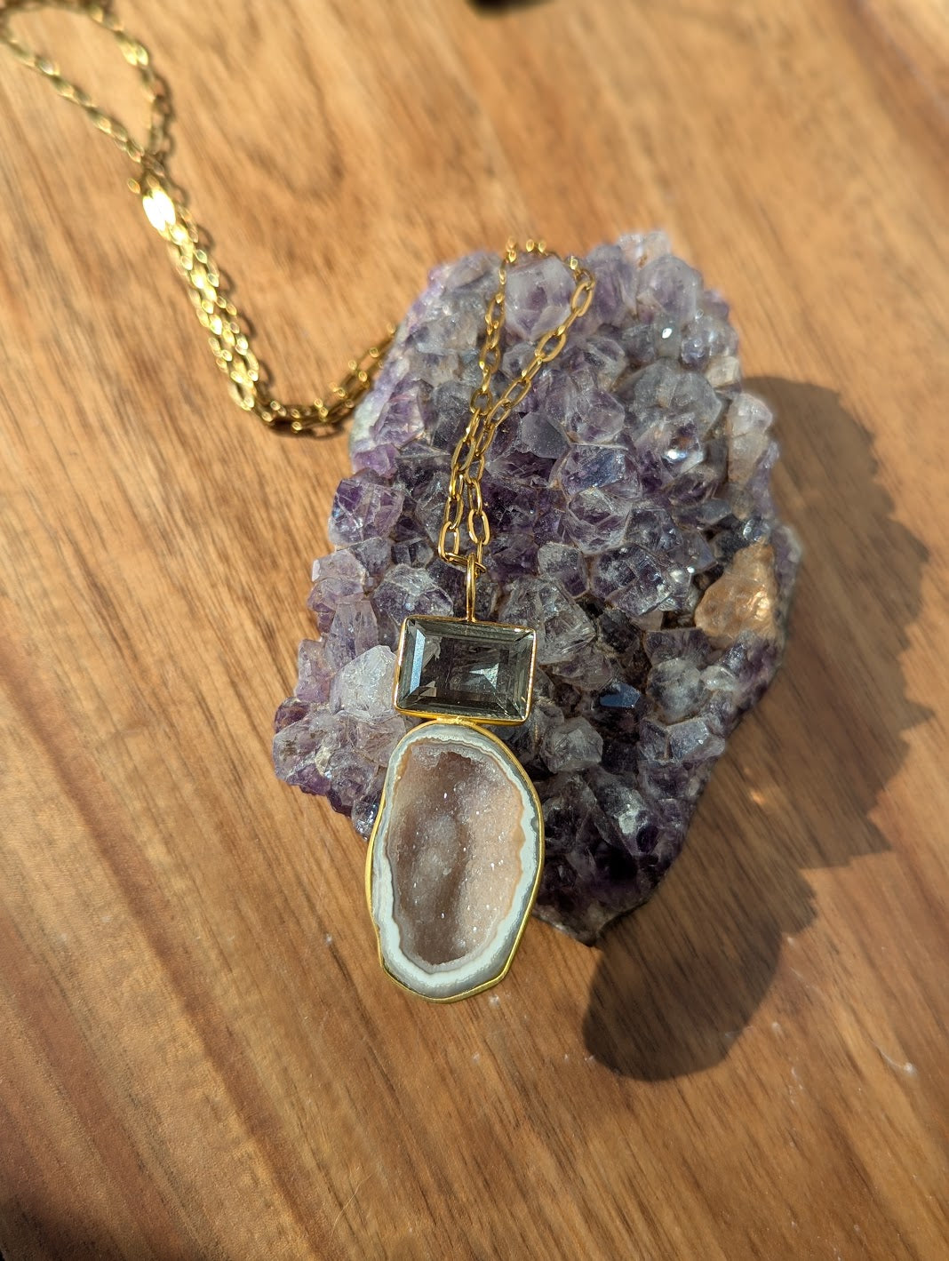 Smoky Quartz and White Druzy Duo Gold Necklace