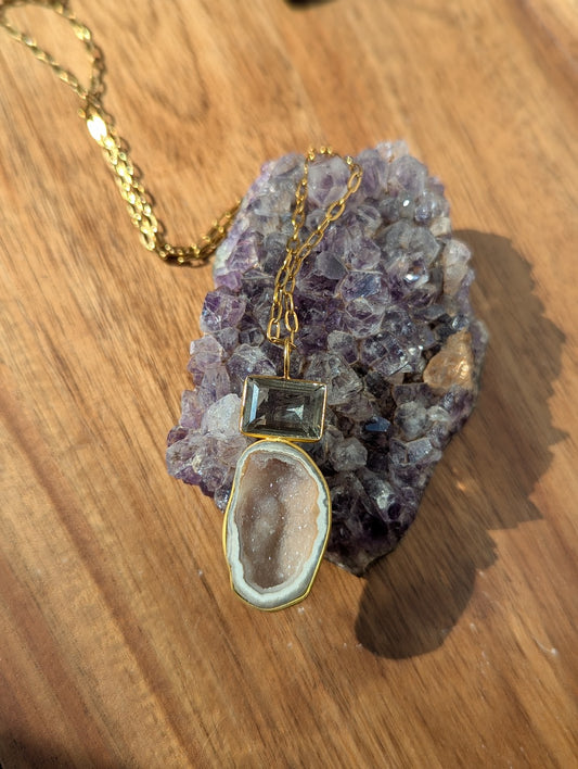 Smoky Quartz and White Druzy Duo Gold Necklace