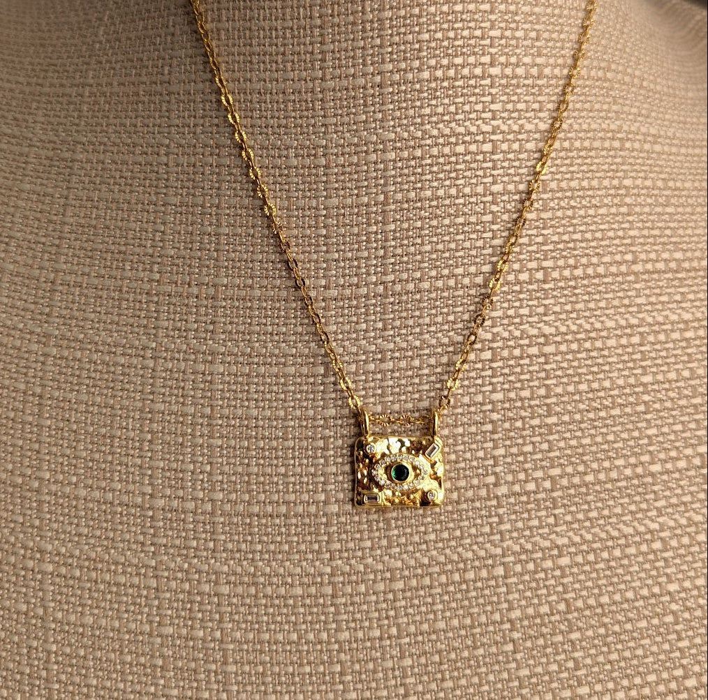 Green CZ Crystal Evil Eye Gold Necklace