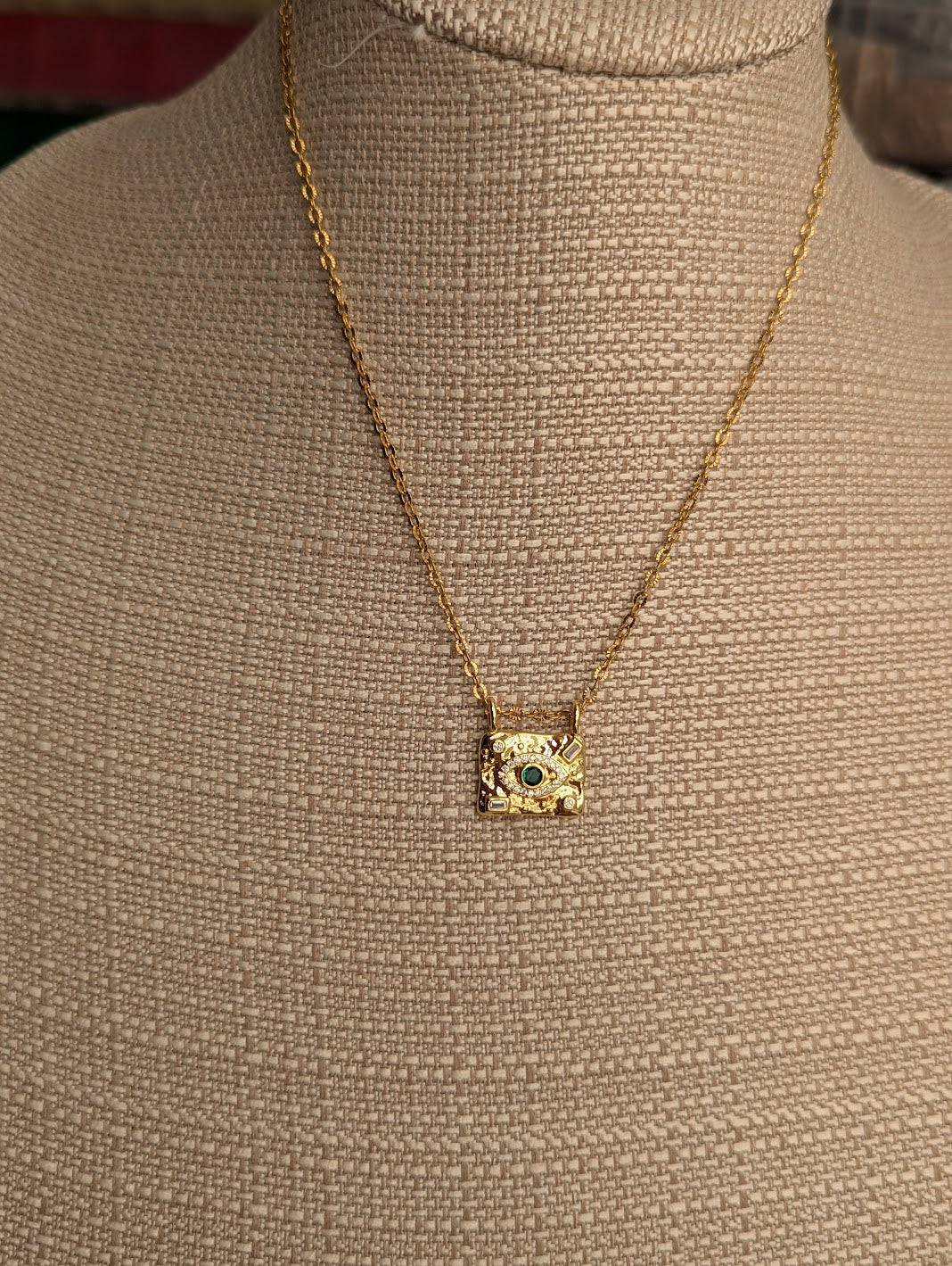 Green CZ Crystal Evil Eye Gold Necklace