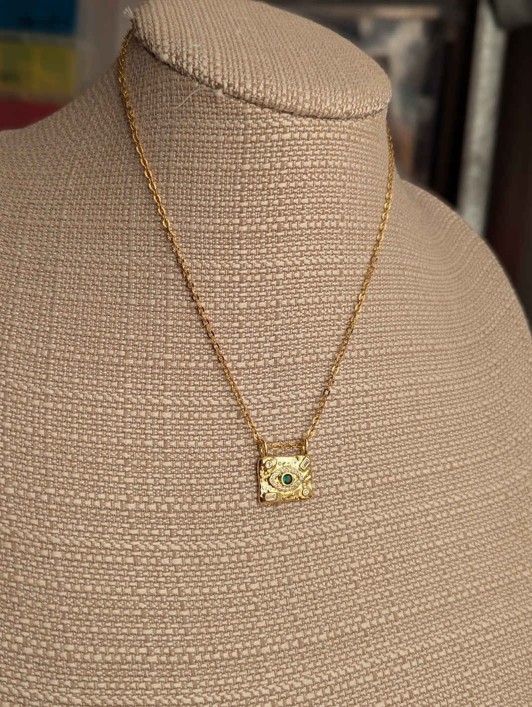 Green CZ Crystal Evil Eye Gold Necklace