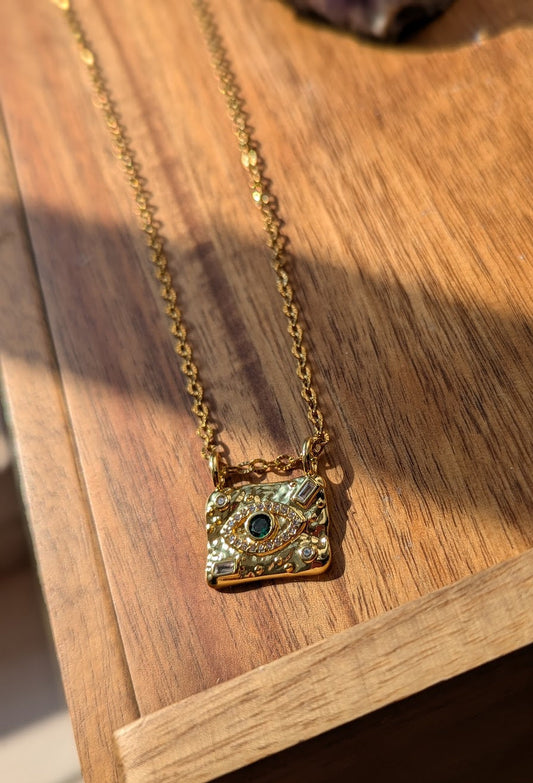 Green CZ Crystal Evil Eye Gold Necklace