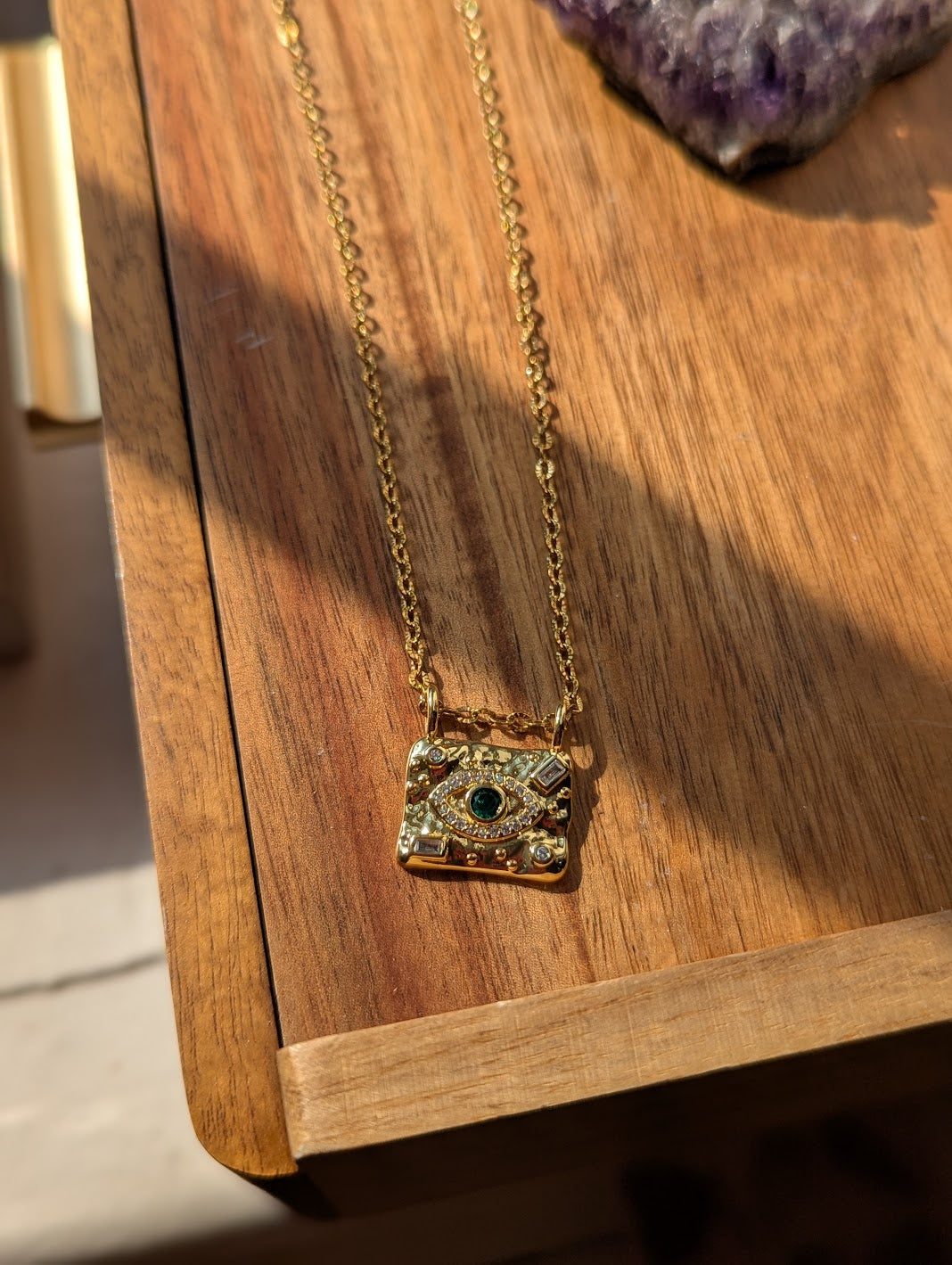 Green CZ Crystal Evil Eye Gold Necklace