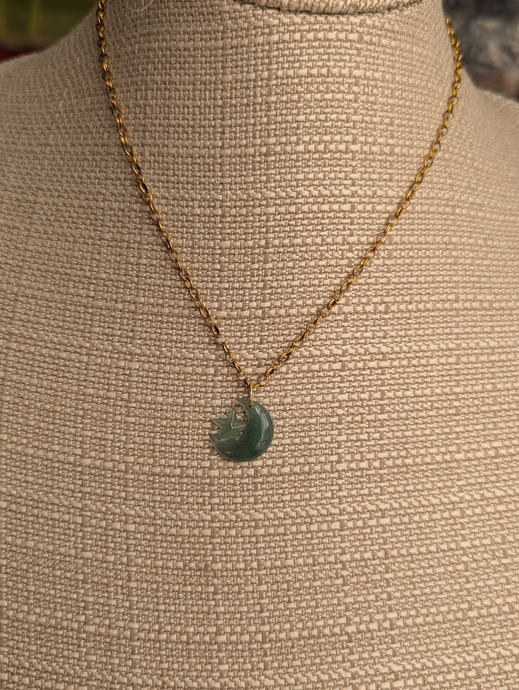 Green Aventurine Moon and Star Gold Necklace