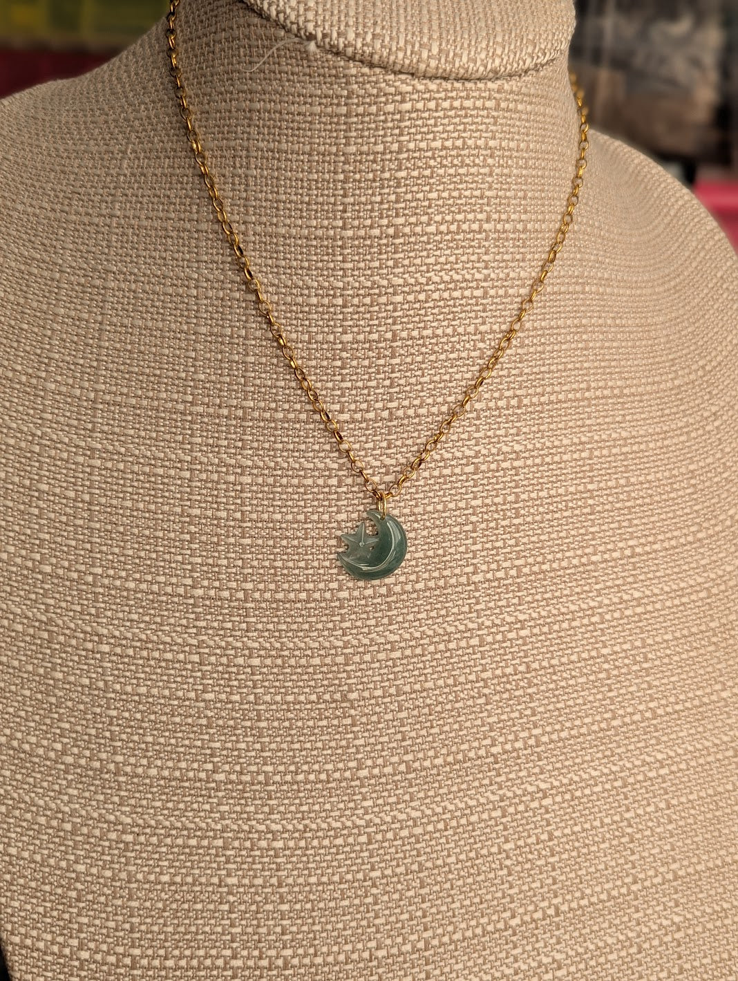 Green Aventurine Moon and Star Gold Necklace