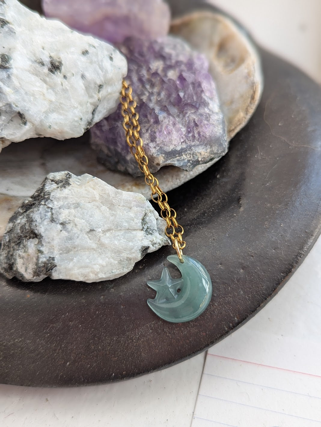 Green Aventurine Moon and Star Gold Necklace