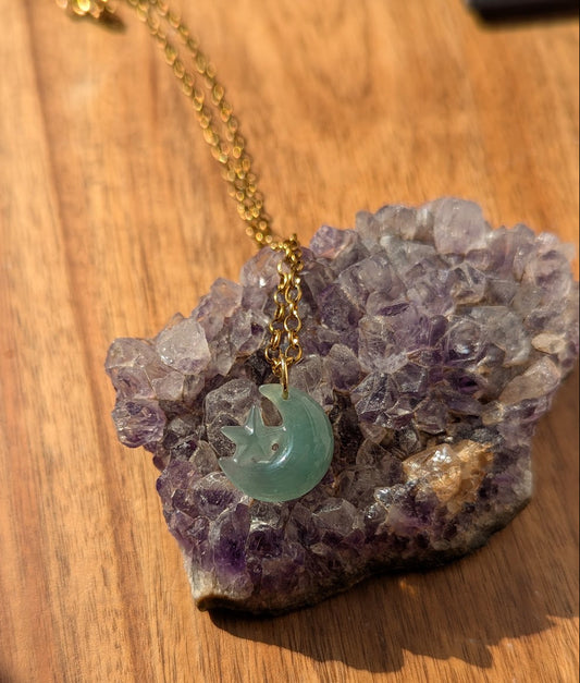 Green Aventurine Moon and Star Gold Necklace