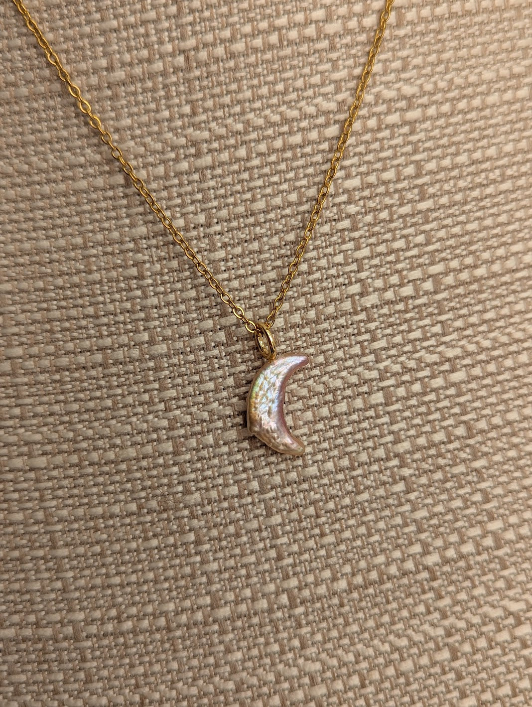 Pink Freshwater Pearl Crescent Moon Gold Necklace