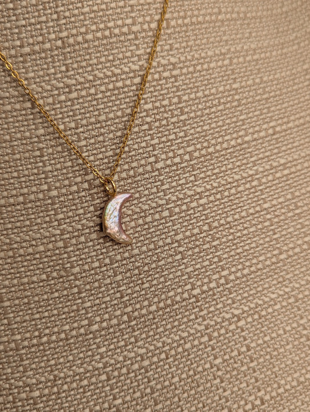 Pink Freshwater Pearl Crescent Moon Gold Necklace