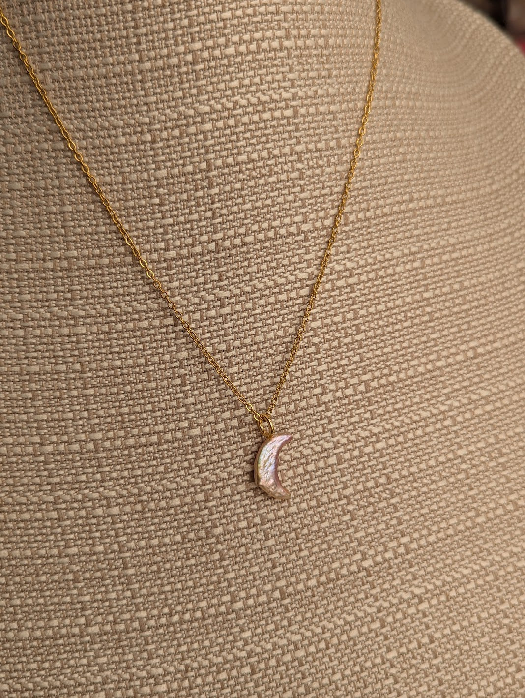 Pink Freshwater Pearl Crescent Moon Gold Necklace