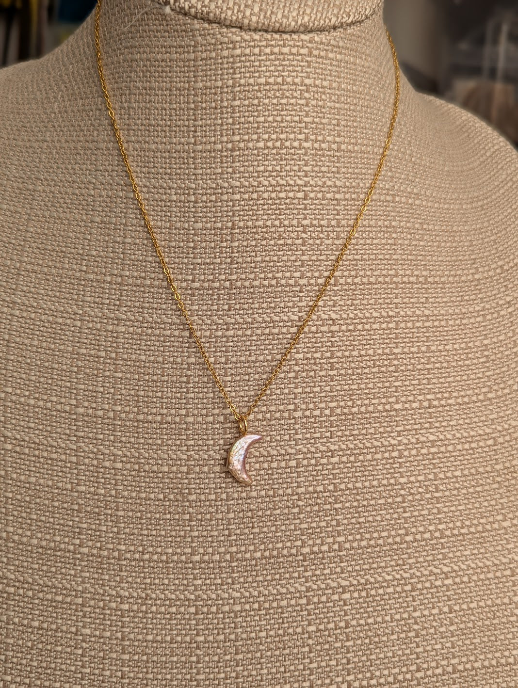 Pink Freshwater Pearl Crescent Moon Gold Necklace