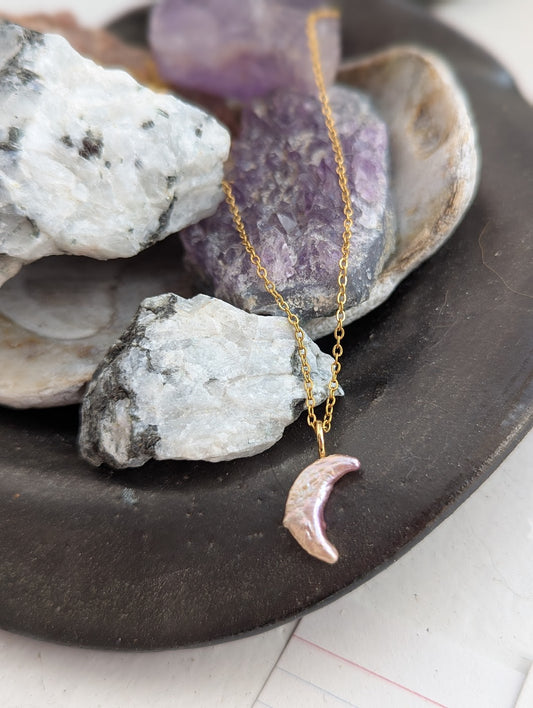 Pink Freshwater Pearl Crescent Moon Gold Necklace