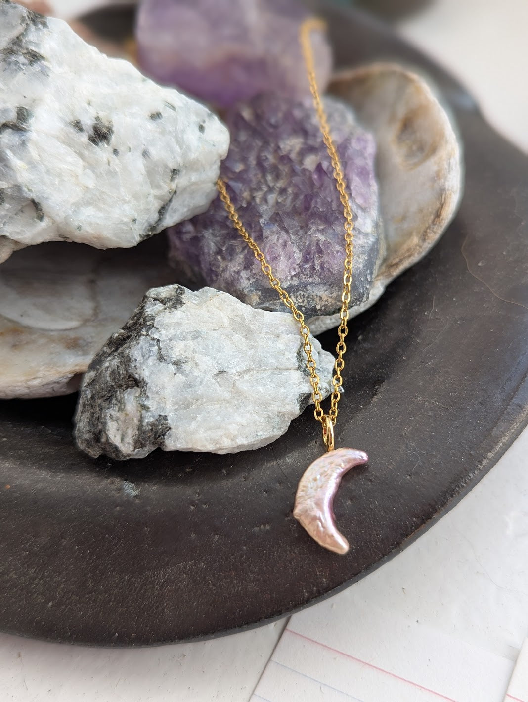 Pink Freshwater Pearl Crescent Moon Gold Necklace