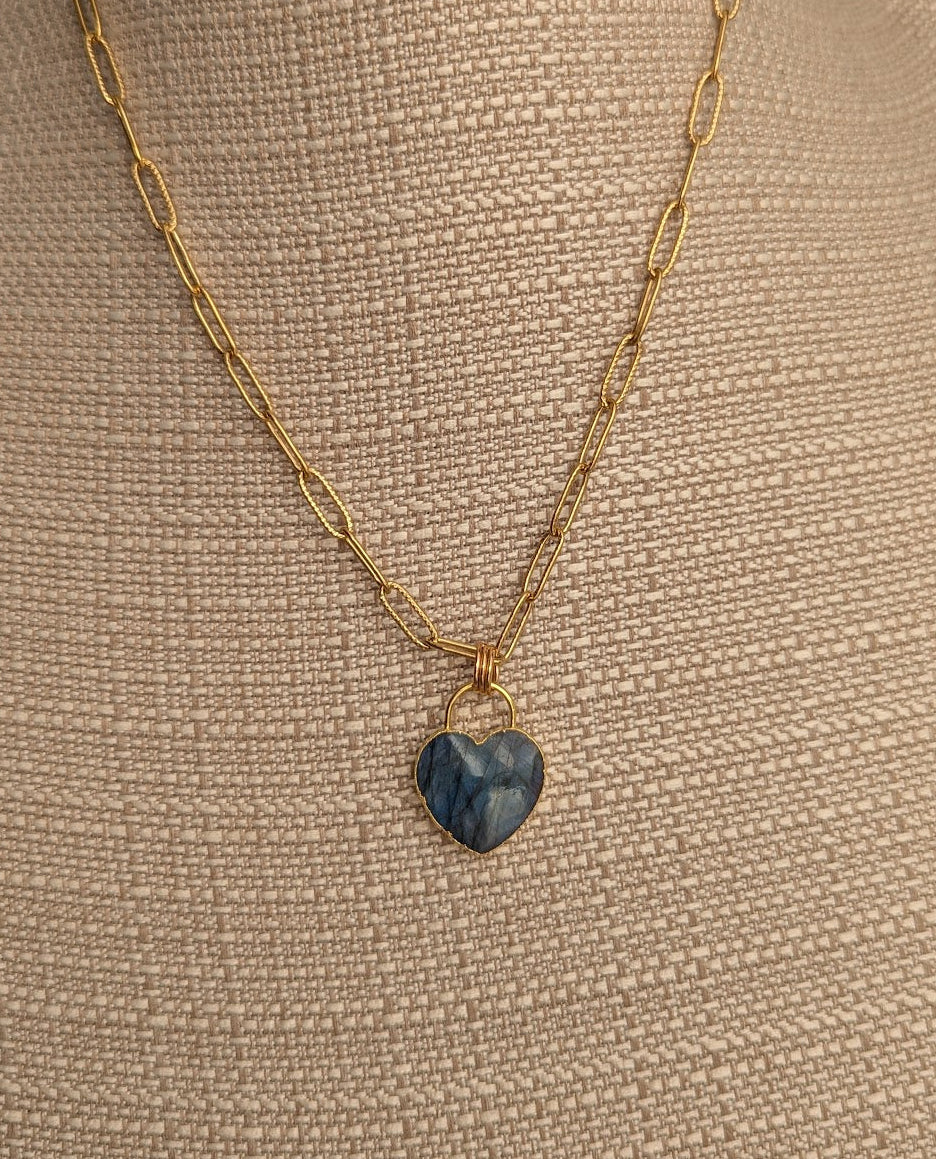 Large Labradorite Heart Lock Gold Paperclip Necklace