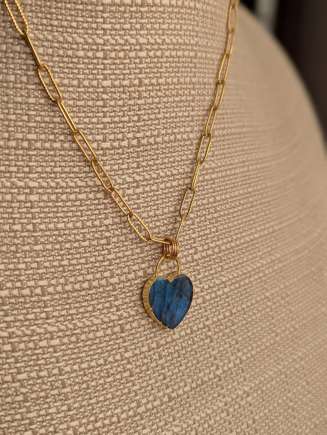 Large Labradorite Heart Lock Gold Paperclip Necklace