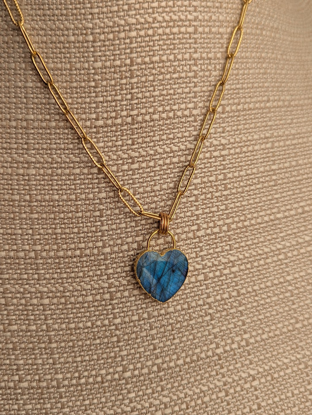 Large Labradorite Heart Lock Gold Paperclip Necklace