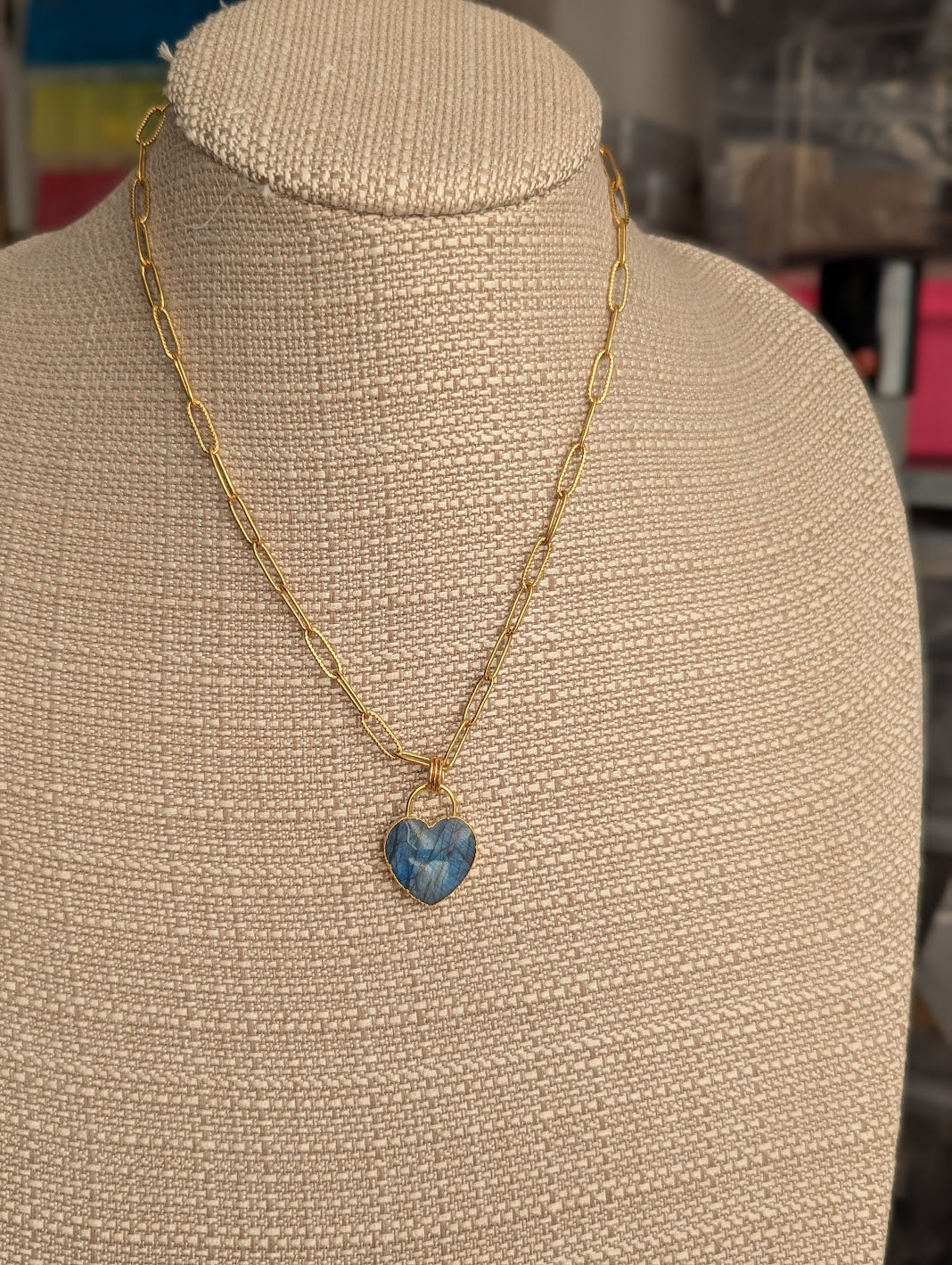 Large Labradorite Heart Lock Gold Paperclip Necklace