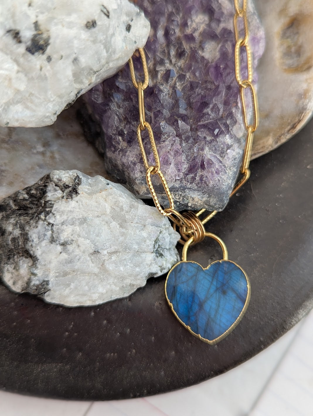 Large Labradorite Heart Lock Gold Paperclip Necklace