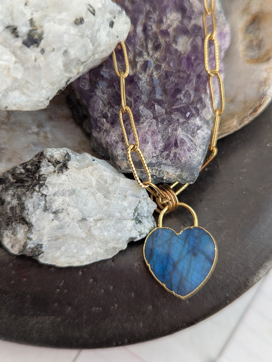 Large Labradorite Heart Lock Gold Paperclip Necklace