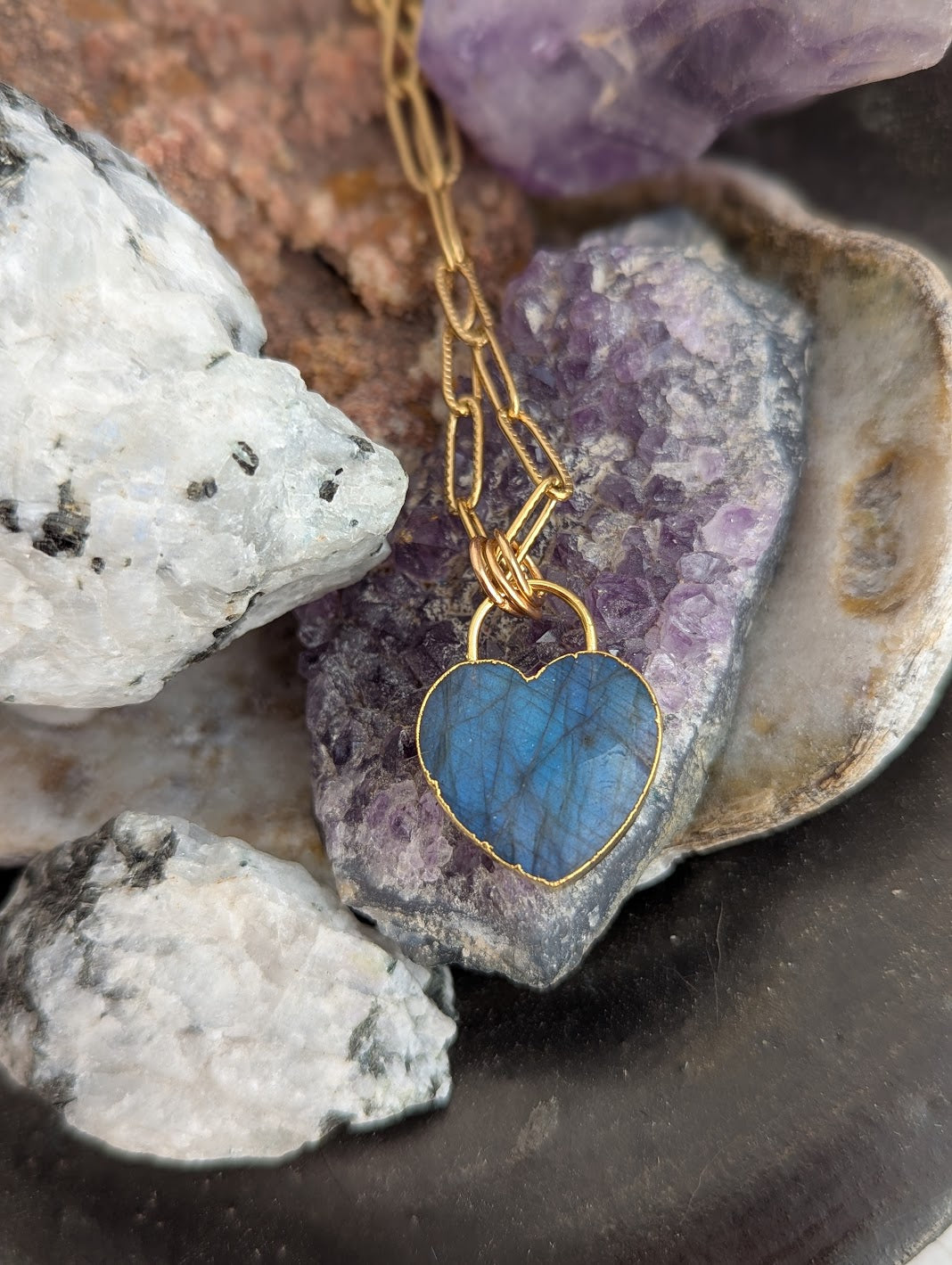 Large Labradorite Heart Lock Gold Paperclip Necklace