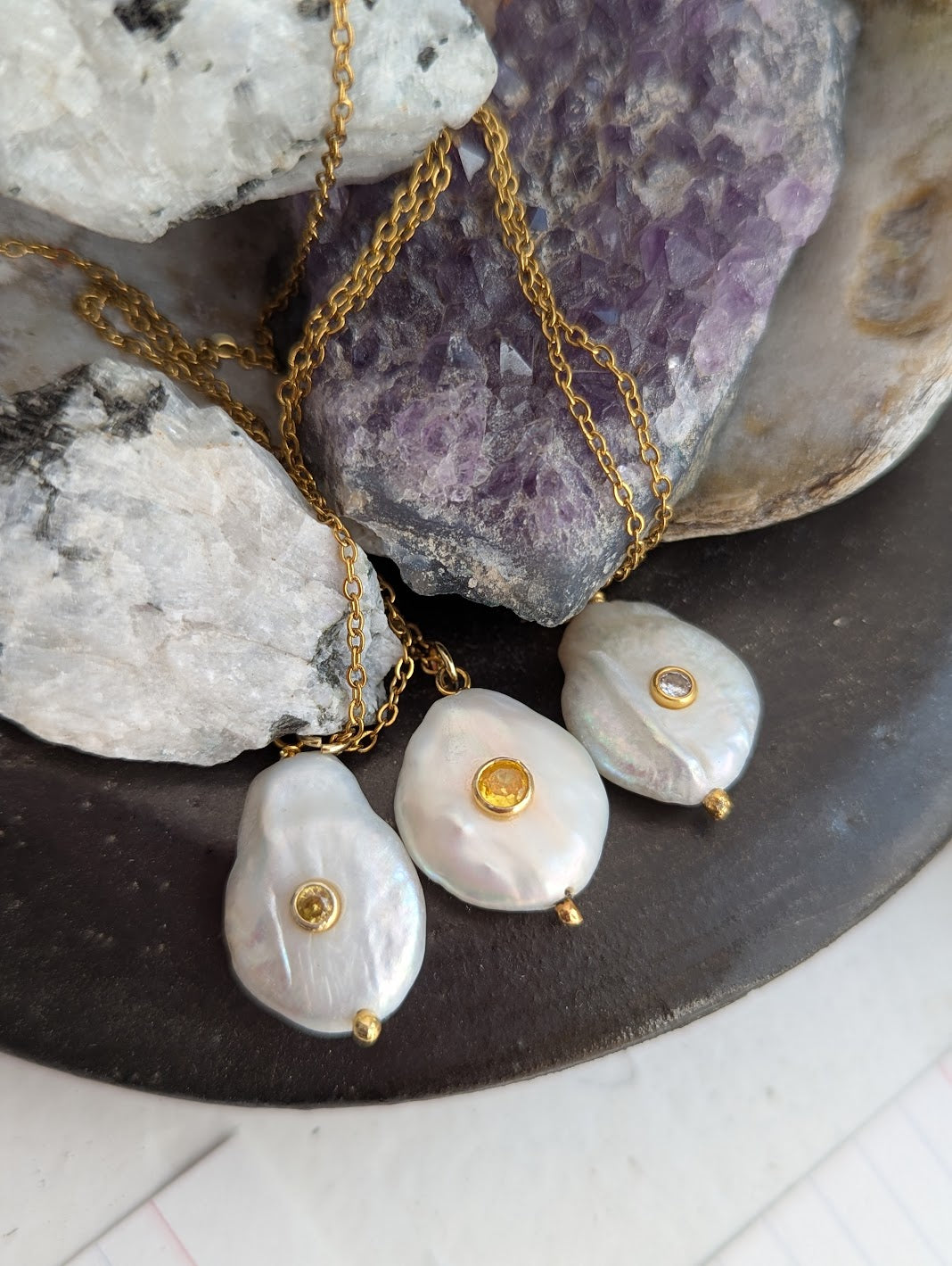 Freshwater Pearl CZ Crystal Gold Necklace (Various Options Available)