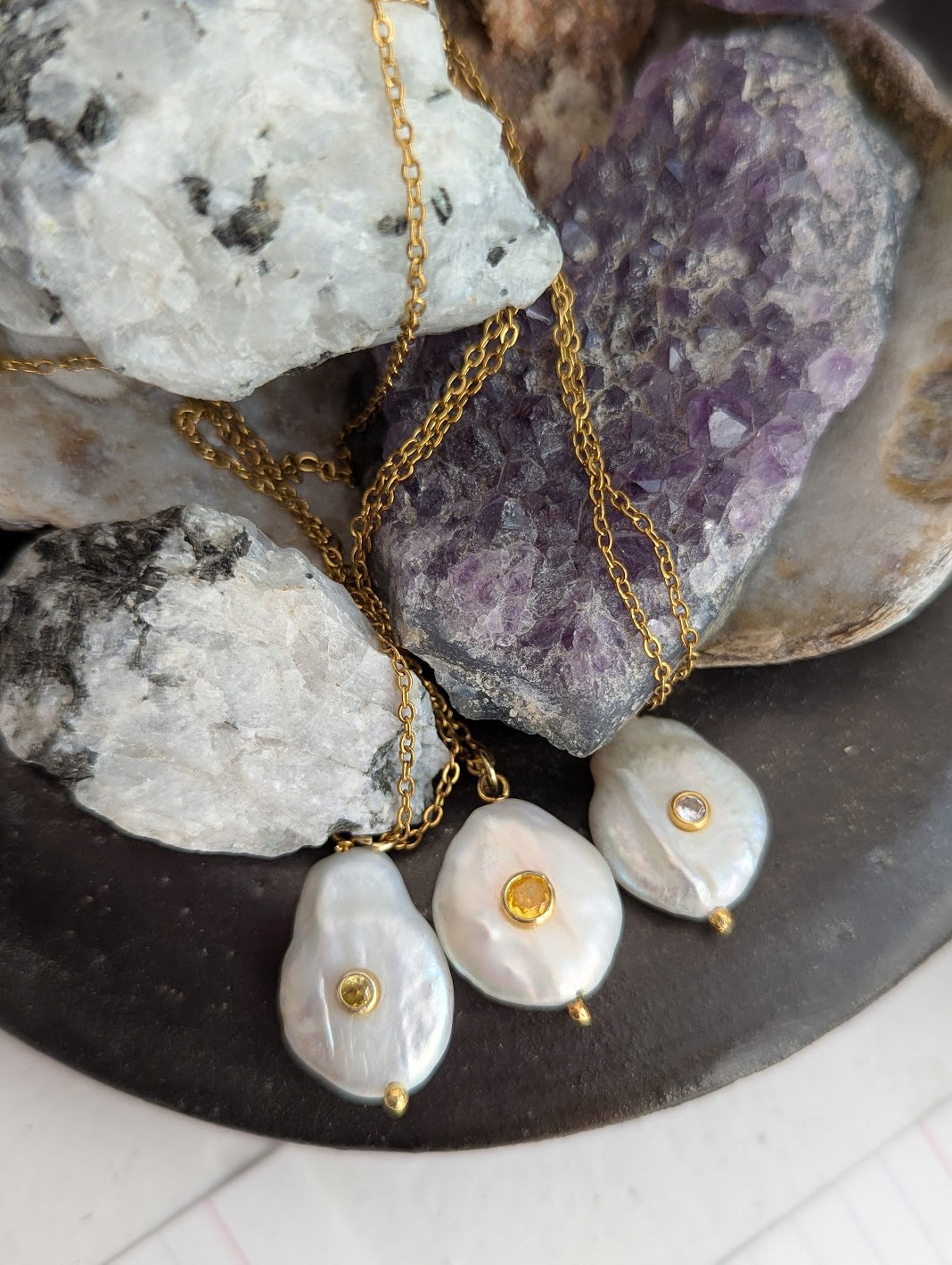 Freshwater Pearl CZ Crystal Gold Necklace (Various Options Available)