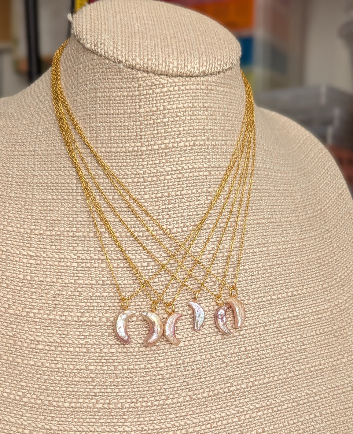 Pink Freshwater Pearl Crescent Moon Gold Necklace