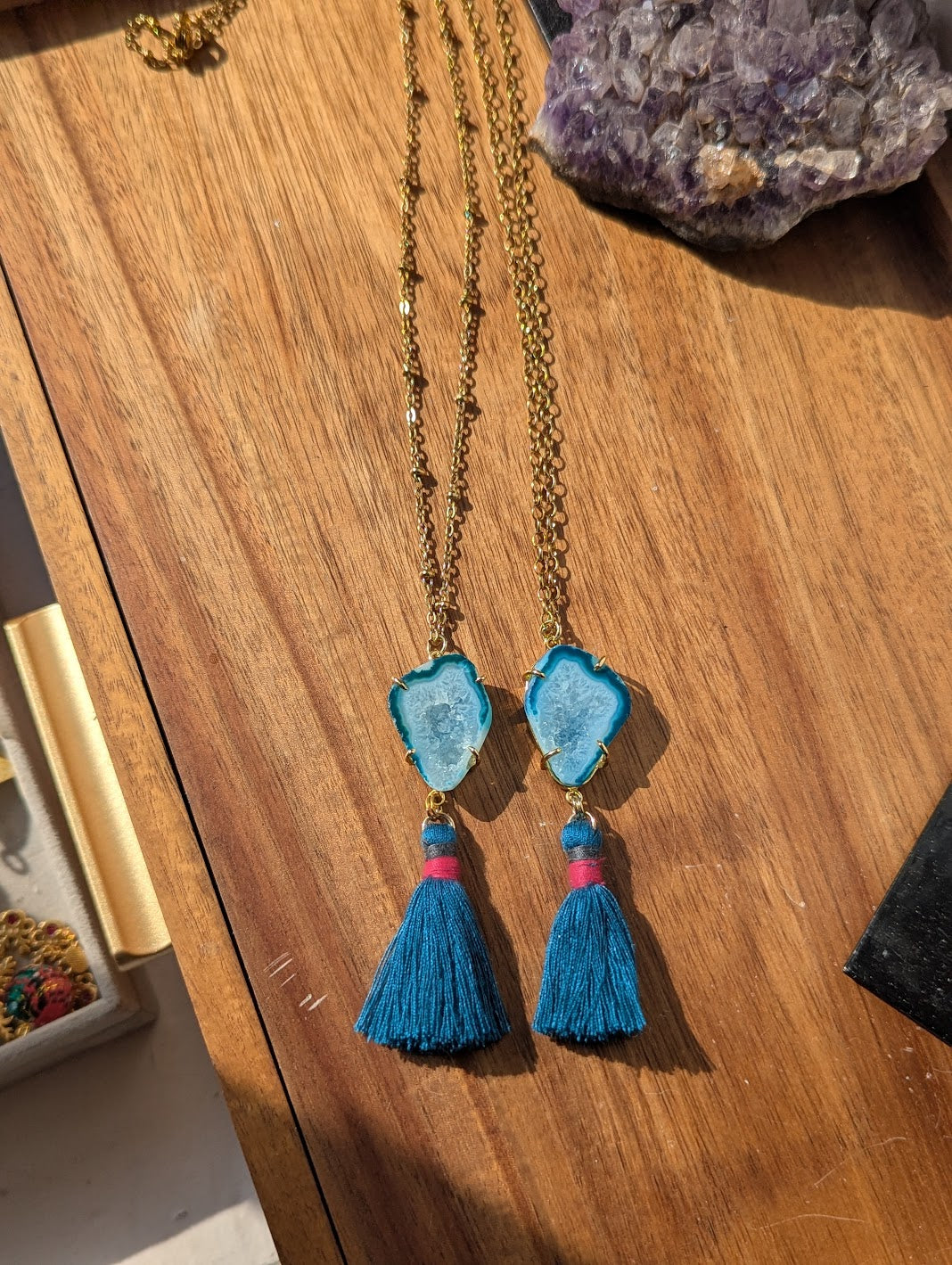 Teal Agate Slice with Blue Tassel Gold Necklace