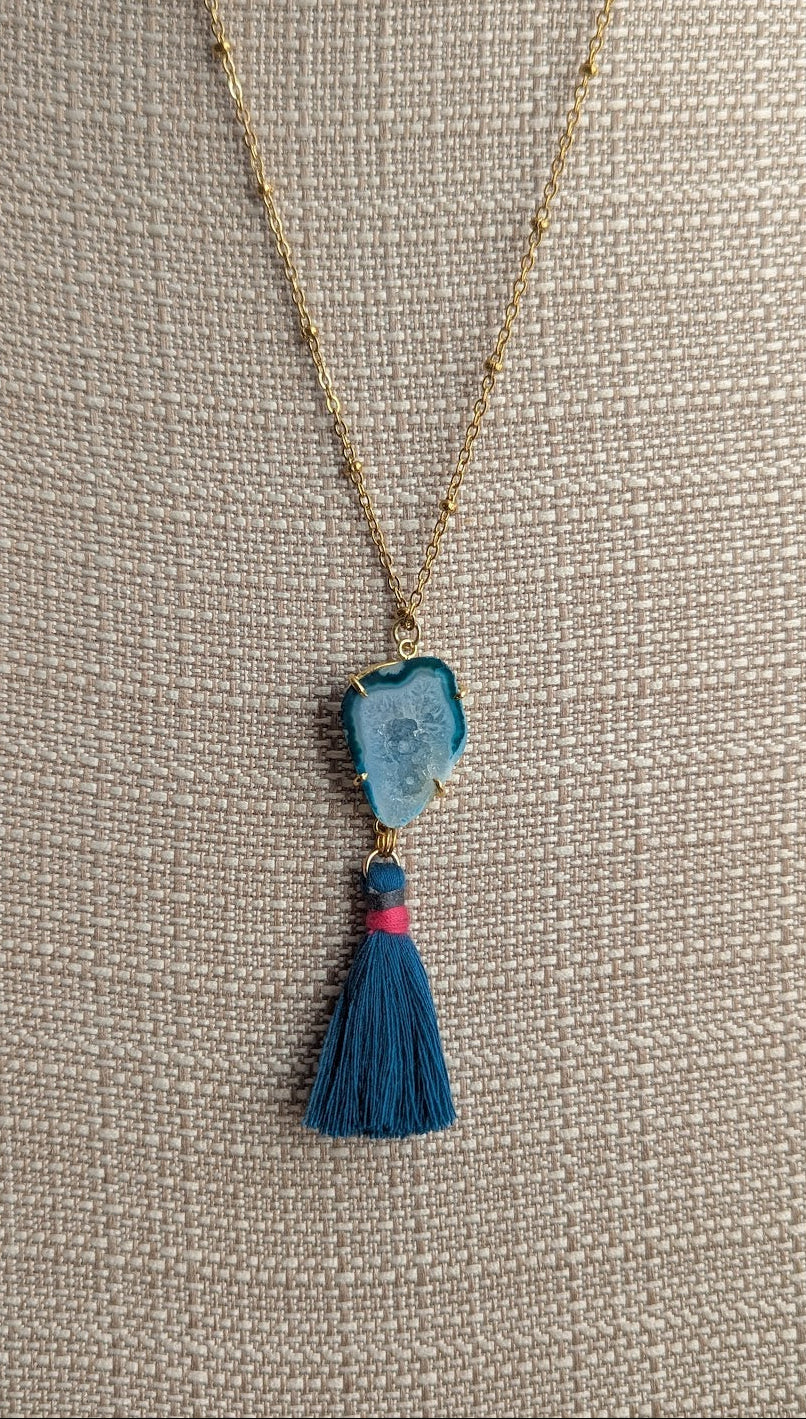 Teal Agate Slice with Blue Tassel Gold Necklace