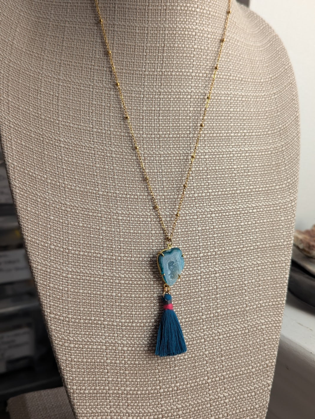 Teal Agate Slice with Blue Tassel Gold Necklace