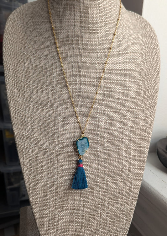 Teal Agate Slice with Blue Tassel Gold Necklace