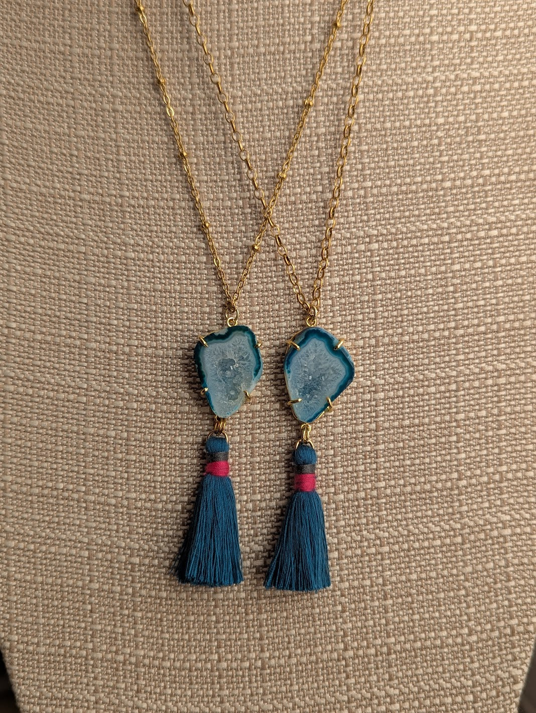 Teal Agate Slice with Blue Tassel Gold Necklace