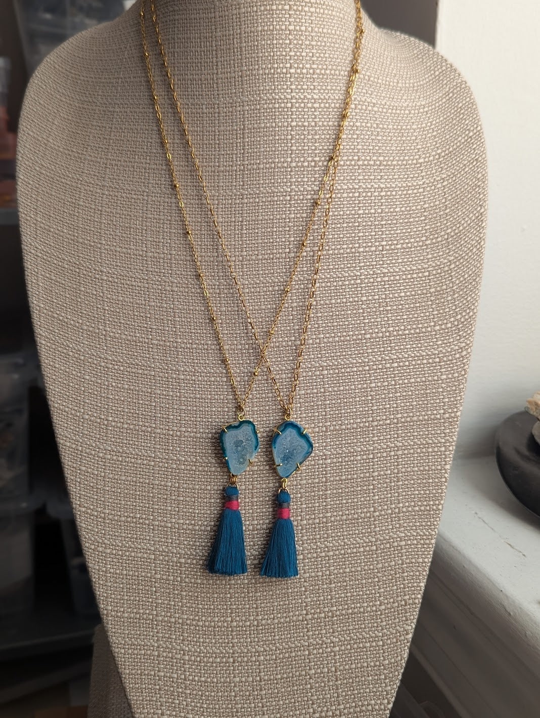 Teal Agate Slice with Blue Tassel Gold Necklace