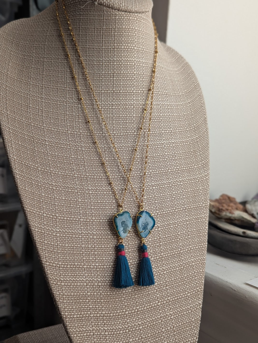 Teal Agate Slice with Blue Tassel Gold Necklace