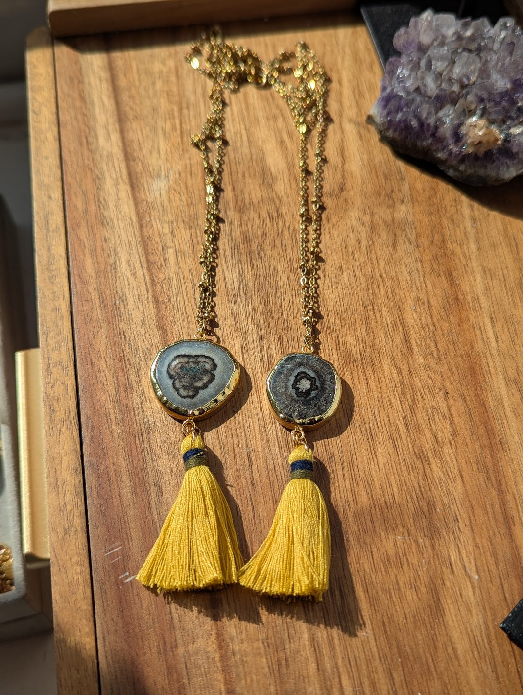 Agate Slice with Yellow Tassel Gold Necklace (Various Options Available)