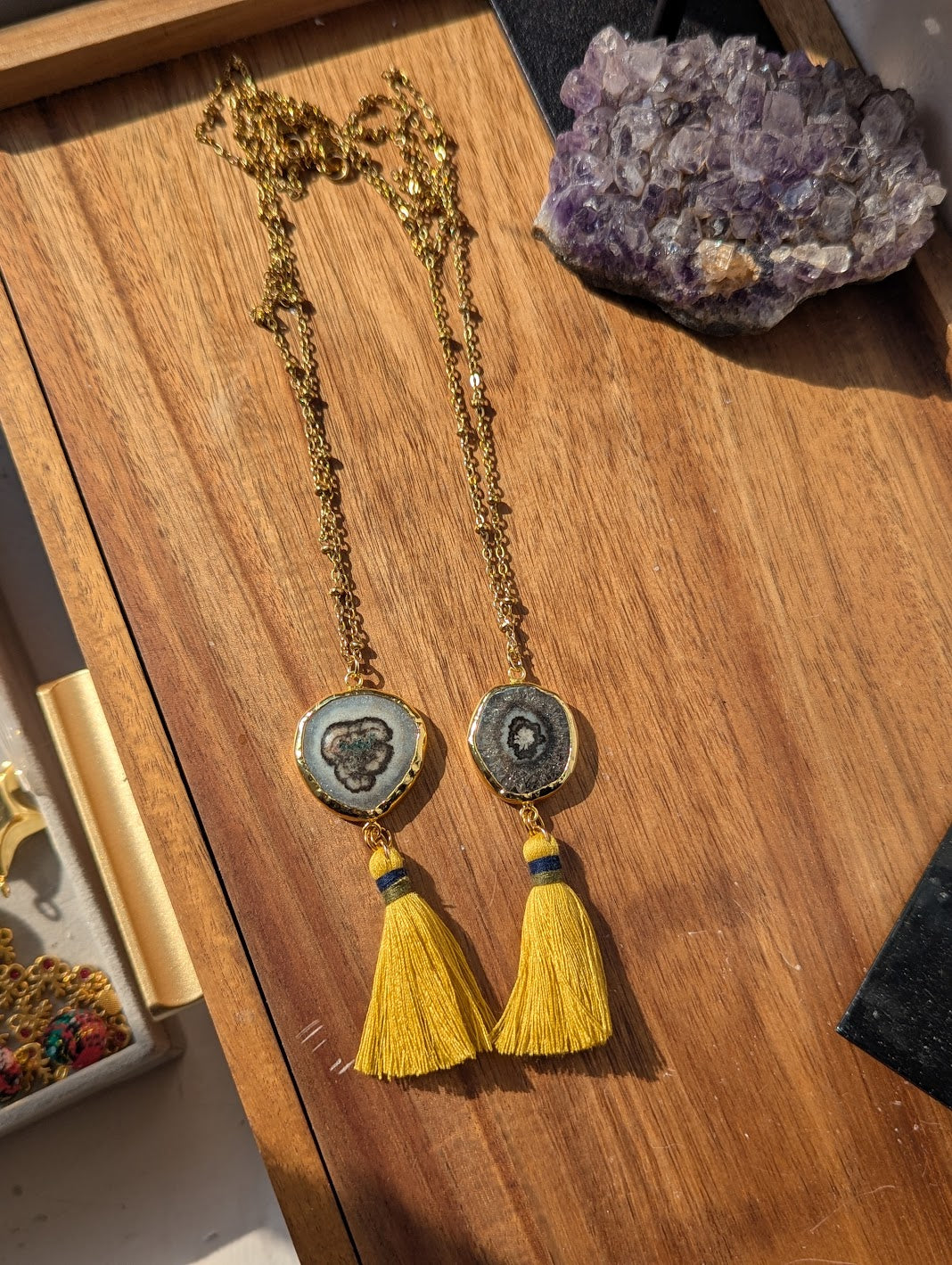 Agate Slice with Yellow Tassel Gold Necklace (Various Options Available)