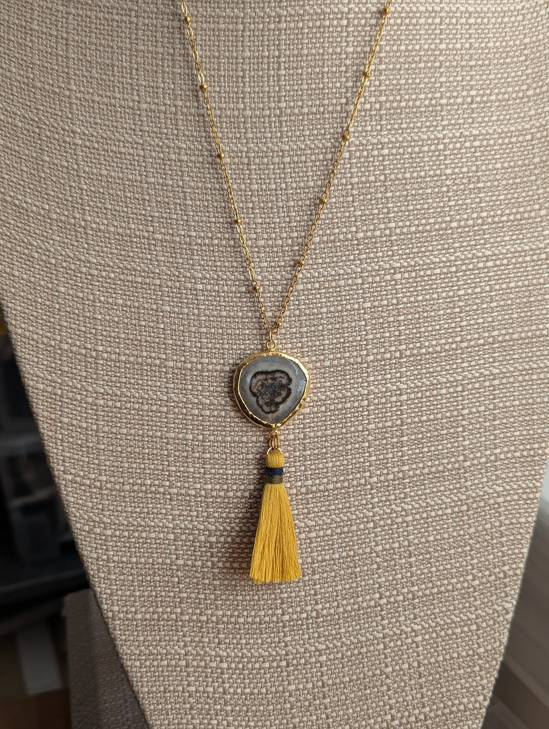 Agate Slice with Yellow Tassel Gold Necklace (Various Options Available)