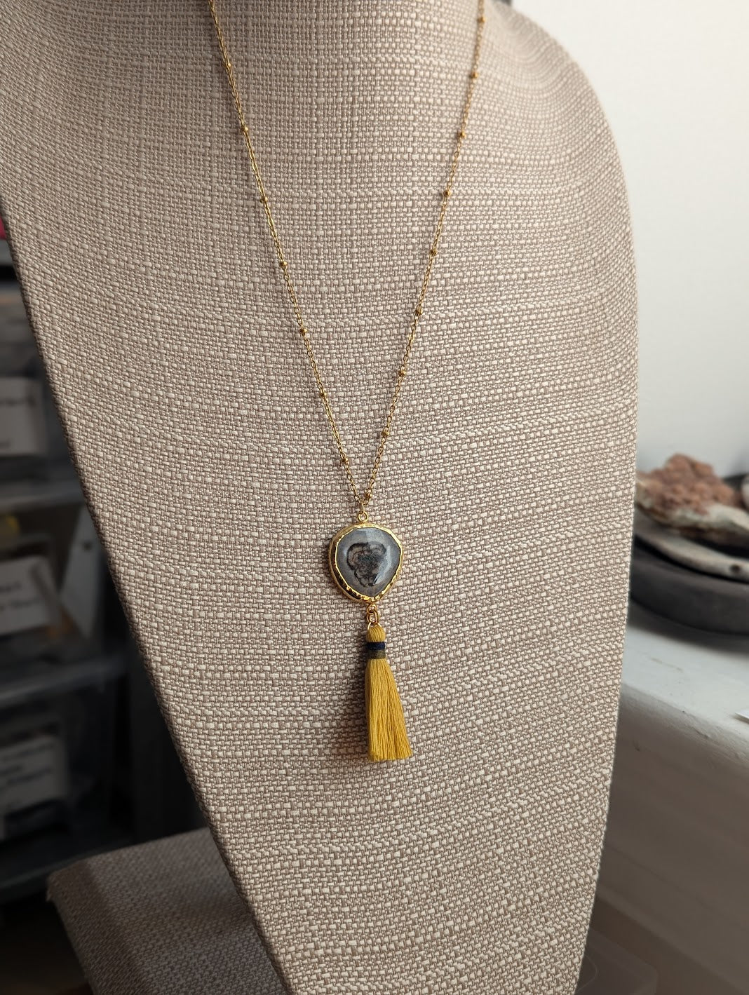 Agate Slice with Yellow Tassel Gold Necklace (Various Options Available)