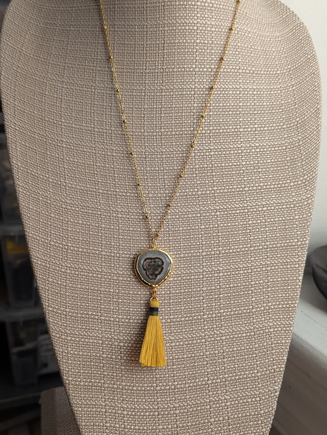 Agate Slice with Yellow Tassel Gold Necklace (Various Options Available)