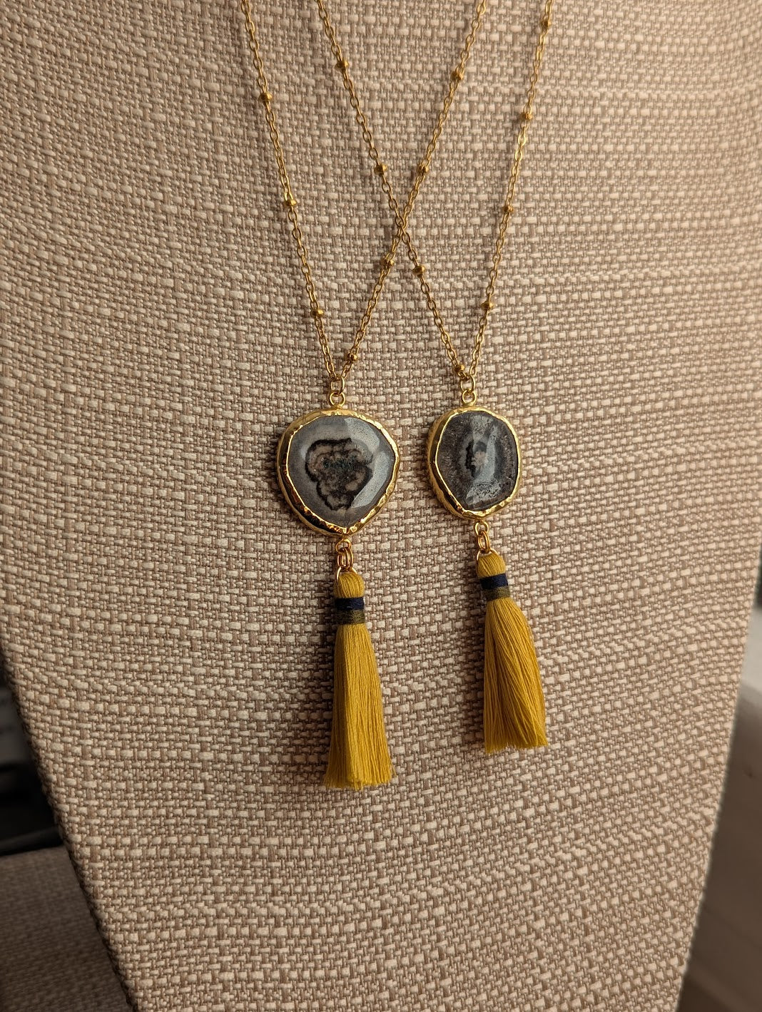 Agate Slice with Yellow Tassel Gold Necklace (Various Options Available)